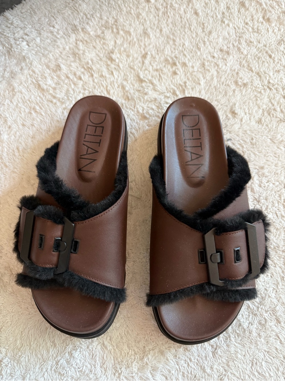 Deltan Brown Faux-Fur Buckle Slide Sandals - size 7